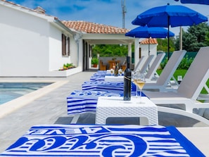 Blue, White, Azure, Sky, Building, Architecture, Outdoor Furniture, Umbrella, Shade, Line