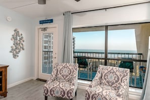 Our living room has direct access to our private beachfront balcony.