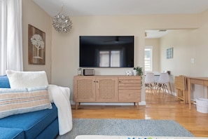 65" new Smart TV & Bluetooth speaker (super fun). Games are in the credenza.