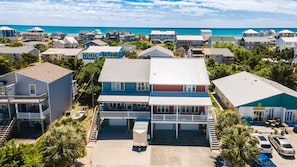 Aerial front(blue house); looks out on Bogue Sound and quick walk to beach