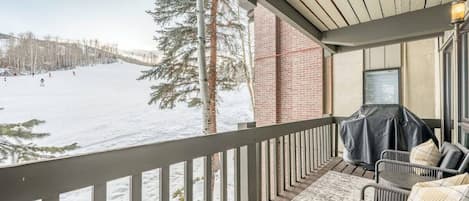 Private balcony overlooking ski hill