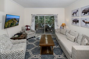 Living room with 55" Roku TV with Netflix, Amazon Prime Video, and YouTube TV. 