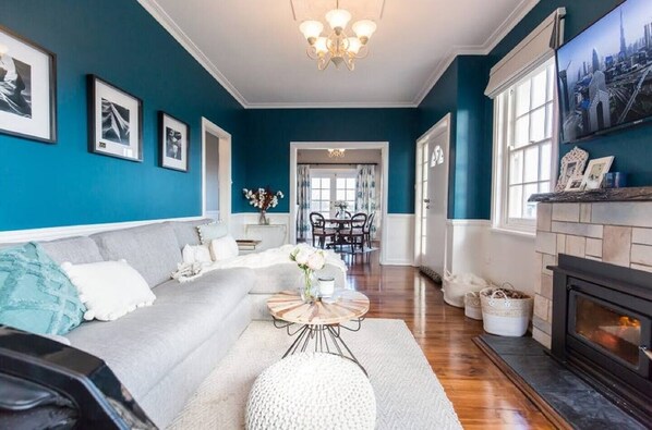 Family-friendly 3-bedroom home comfortably sleeping up to 6 guests. Smart TV with streaming capabilities for entertainment and relaxation.