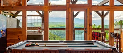 Pool table with a beautiful Mountain View