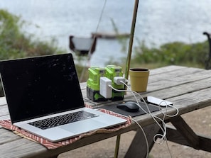 Telling  work where you are working from is up to you!  5G reception, wireless hotspot, inverter to power cell phones and laptops,  and rechargeable batteries means we do remote work from the island (shhhhh!).