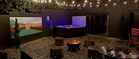 Beer Garden with Large Hot Tub, Fire Bowl, Large Connect 4, 2 Barrell Tables.