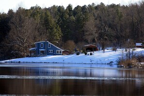 Winter view of cottage from other end of pond.