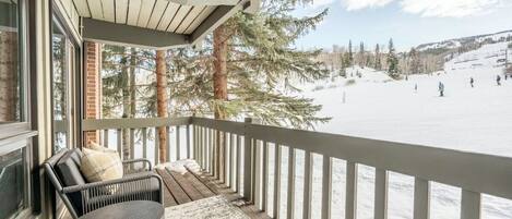 Private balcony overlooking ski hill