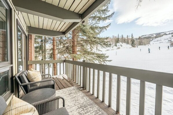 Private balcony overlooking ski hill