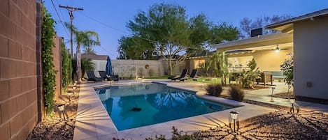 The pool by twilight.  With the option to heat the pool, you never have to worry about taking a dip in a relaxing billabong of Arizona's most precious resource