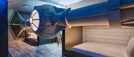 Galactic ship themed bedroom with 4x Full beds