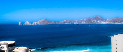 Spectacular ocean view from apartment's balcony in the morning.