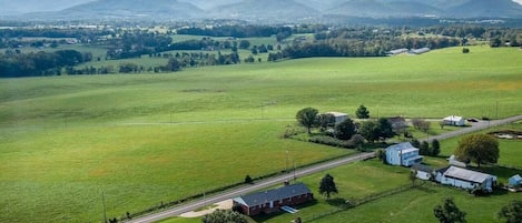 Aerial view of the property overlooking the Blue Ridge Mountains.