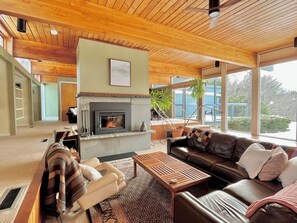 The retro conversation pit is a cozy place to gather at the end of the day.