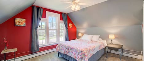 The Fireflower Bedroom offers a comfortable queen bed, great wall art and dark black out curtains if you like to sleep in!
