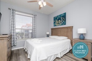 Sleep better at Padre Escapes with our exclusive Clean Bed Promise, providing fresh linens, comforters, and towels washed at high temperatures exceeding CDC recommendations, setting us apart for a truly restful vacation