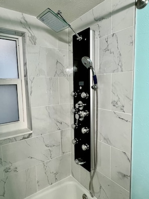 Shower with body spray panel