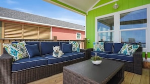 Cushioned & shaded patio furniture.  Dog not included :) but pet friendly.
