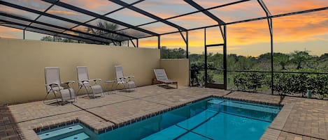 Private heated pool with beautiful sunset view