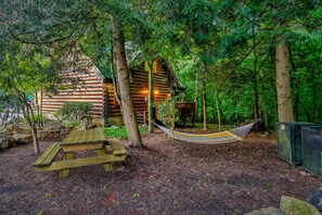 Backyard with picnic table and hammock