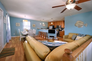 Living room, dining room, and kitchen