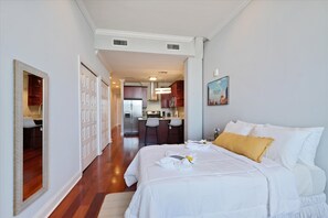 The studio is very long in size giving you plenty of space. We have over 700+ sq ft, plenty of storage and closet space, and a nice decor and vibe.