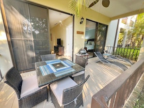 Enjoy dining, lounging and grilling on the shaded, covered terrace.