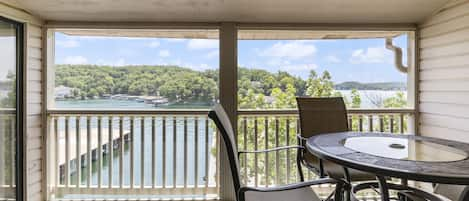 Covered lakefront balcony with amazing views!