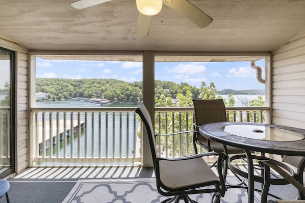 Covered lakefront balcony with amazing views!