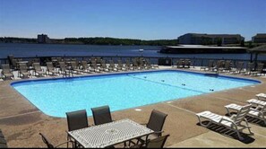 Large outdoor pool with beautiful lake views.