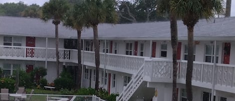 View of heated pool from front door