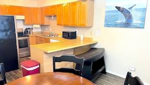 Breakfast bar and dining table with sturdy chairs for floor plus bench seating