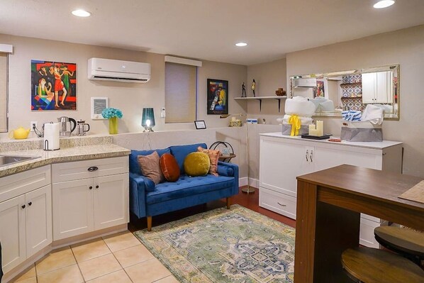 Incredibly comfortable murphy bed makes the space work for day and night and is easy to pull out and put away!