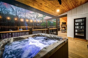 The hot tub is warm upon arrival, ready to enjoy the view from the private porch