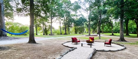 Relaxing around the firepit or in the hammock.