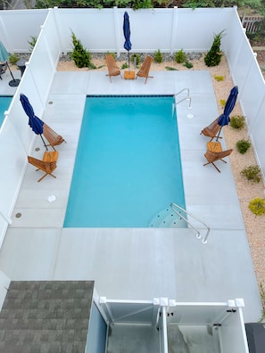 Private heated pool + outdoor shower + grilling area (aerial view)