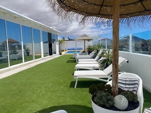 Large rear patio with sea views 