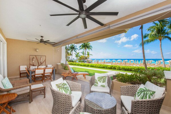 Furnished oceanfront patio. 