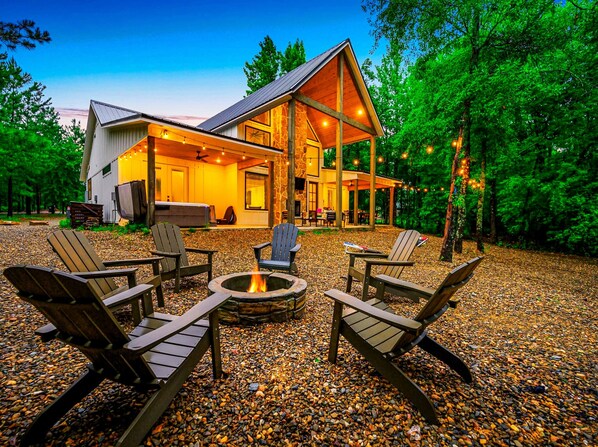 Firepit under outdoor string lights