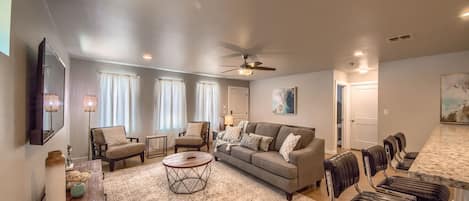 Spacious living area with a queen sofa sleeper