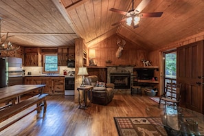 Main Cabin Living room with gas fireplace