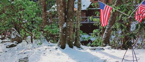 Peek of cabin in the snow