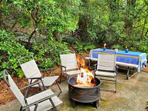 Firepit and outdoor dining at back of home