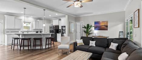 View from the living area into the open kitchen