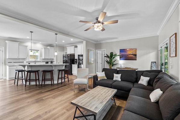 View from the living area into the open kitchen