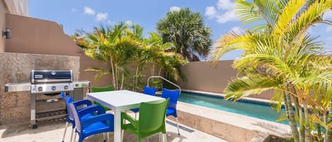 Your private terrace with pool, outdoor seating and lounging, BBQ grill.