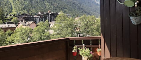 Balcon, vue sur Chamonix et les Aiguilles rouges, derrière un rideau d’arbres…
