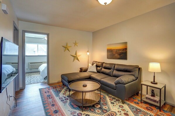 Living room with chase sofa.