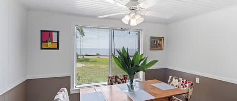 Kitchen overlooking peaceful bay.
