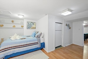 Comfortable 1 bdrm, with a full size bed, fresh linens, pillows, artwork and AC.